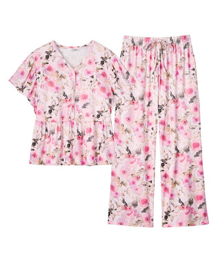 Floral Print Frill Sleeve Top-Bottom Set