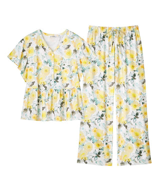 Floral Print Frill Sleeve Top-Bottom Set