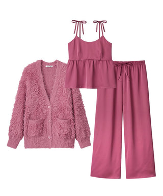 Conjunto de 3 piezas con camisola de satén y cárdigan de punto peludo