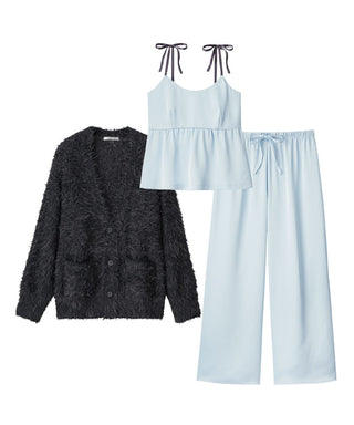 Conjunto de 3 piezas con camisola de satén y cárdigan de punto peludo