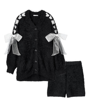 Ribbon Shaggy Knit Cardigan Top and Bottom Set