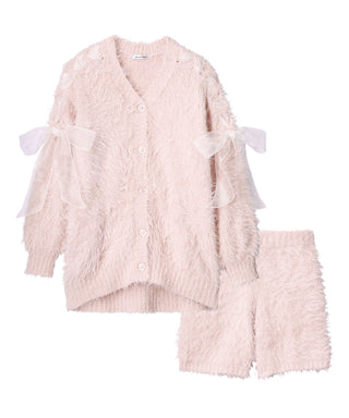 Ribbon Shaggy Knit Cardigan Top and Bottom Set