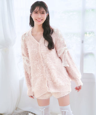 Conjunto de parte superior e inferior de cárdigan de punto peludo con cinta