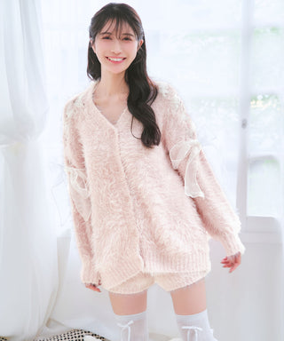 Ribbon Shaggy Knit Cardigan Top and Bottom Set