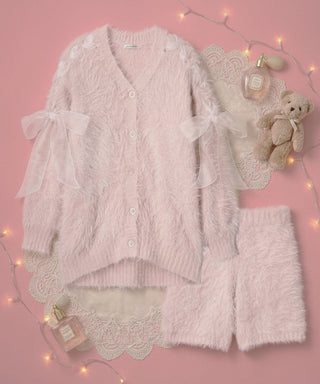 Conjunto de parte superior e inferior de cárdigan de punto peludo con cinta