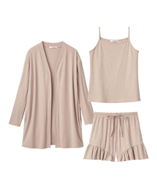 Rib Frill Camisole Cardigan Shorts 3-Piece Set