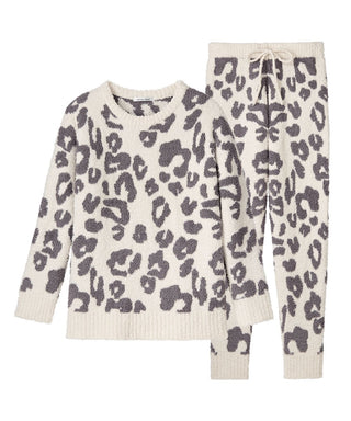Leopard Knit Long Sleeve Top-and-Bottom Set