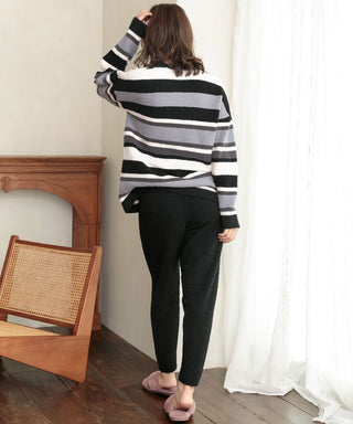 Striped Pattern Warm Chenille Knit Top-and-Bottom Set