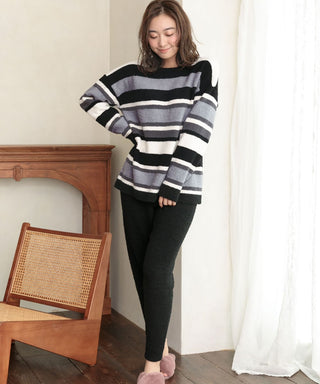 Striped Pattern Warm Chenille Knit Top-and-Bottom Set