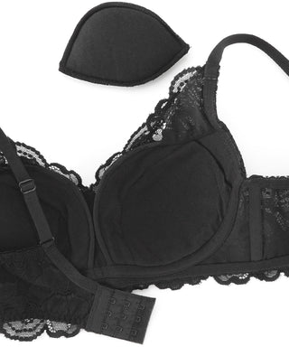 Underwire bra in satin effect fabric with lace. Lace trim. Adjustable thin  straps. Back hook closure. - Black