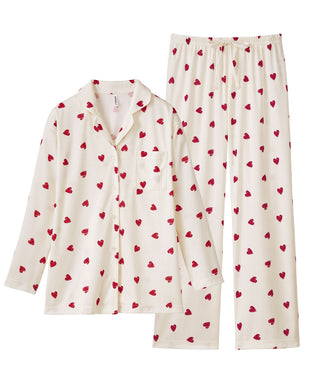 Pajama Top-Bottom Set with Bear Heart Pattern
