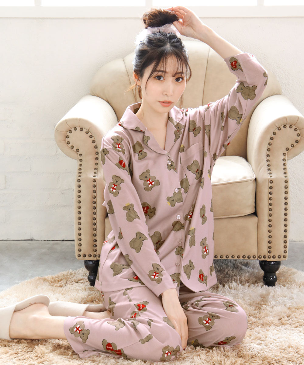 Pajama Top Bottom Set with Bear Heart Pattern aimerfeel